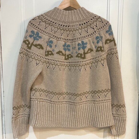 LL Bean fisherman cotton sweater cardigan oatmeal floral size L - Picture 2 of 6
